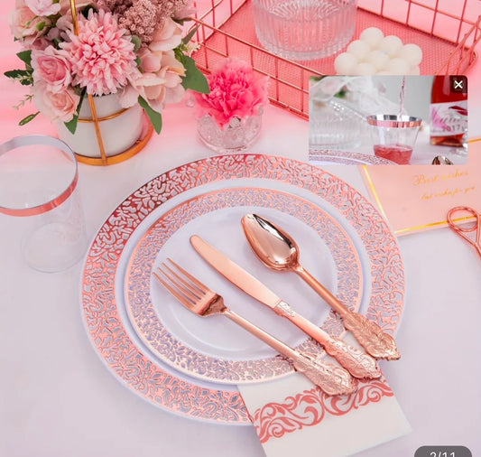 Rose Golden Plastic plates, cutlery sets