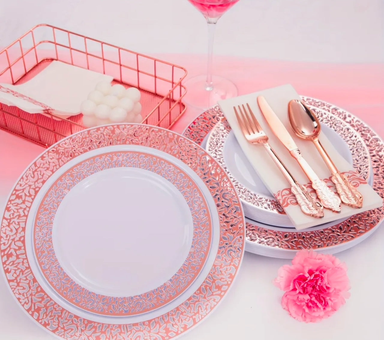 Rose Golden Plastic plates, cutlery sets