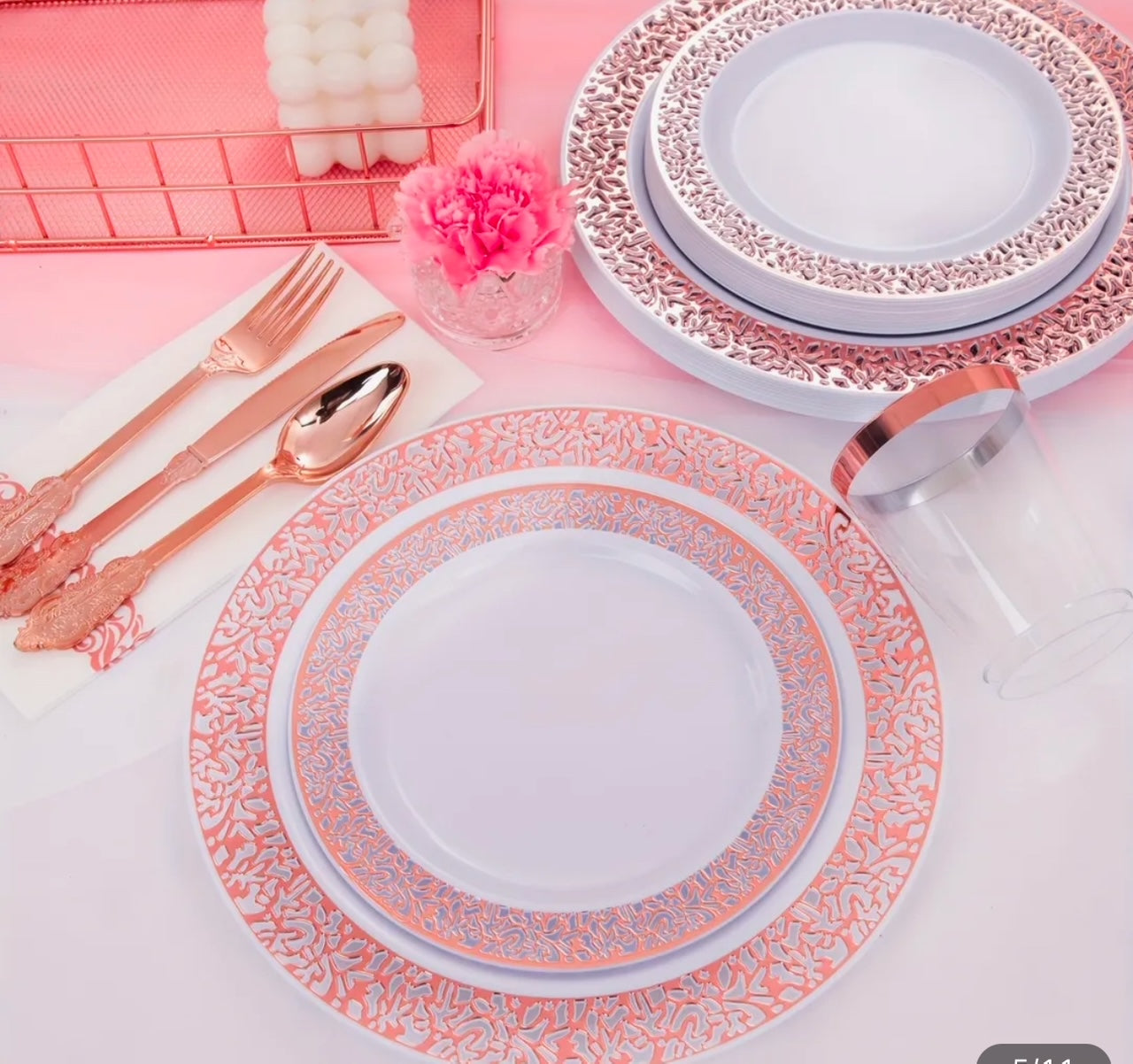 Rose Golden Plastic plates, cutlery sets